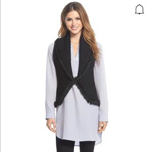 LOVE TOKEN WOMENS BROWN KNIT SHAWL COLLARED RABBIT TRIM SWEATER VEST MEDIUM